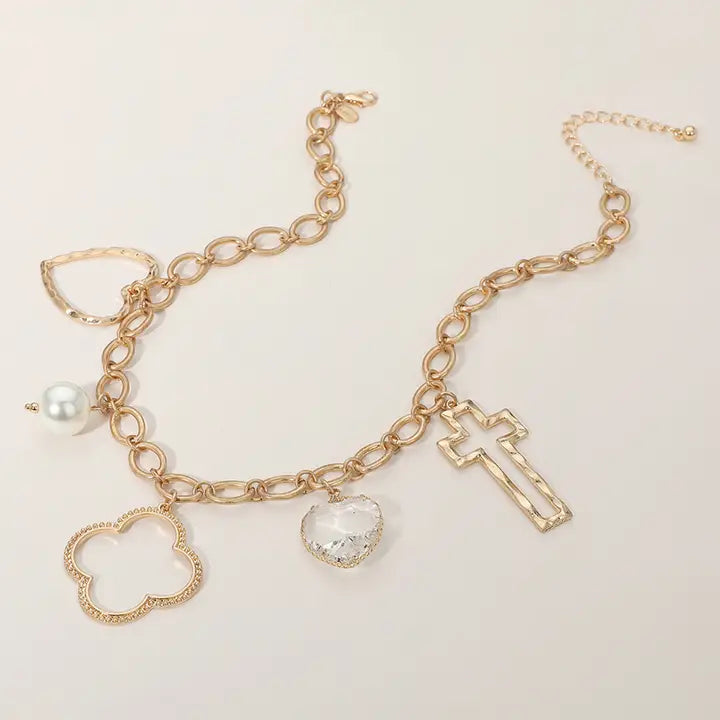 -Open Quatrefoil Heart Cross Pearl Charm Station Necklace-