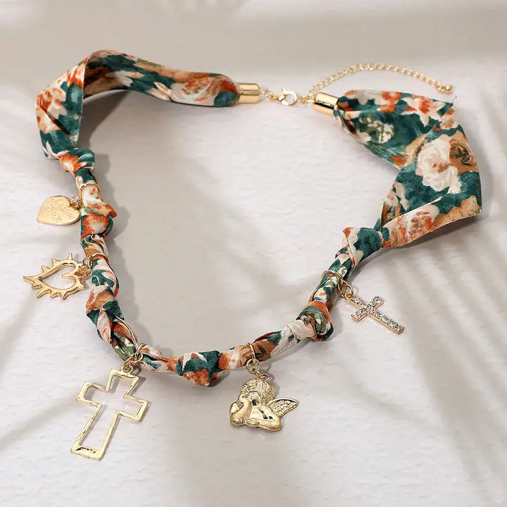 -Cross Angel Heart Charm Station Fabric Scarf Necklace-