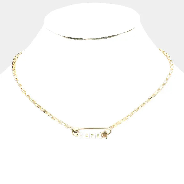 -Hope Metal Safety Pin Message Pendant Necklace-