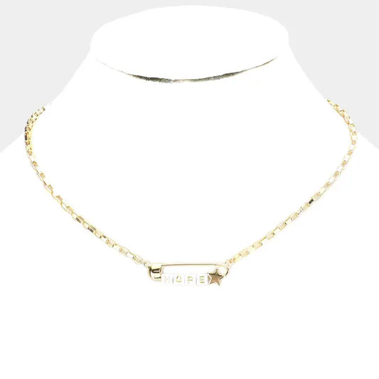 -Hope Metal Safety Pin Message Pendant Necklace-