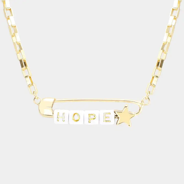-Hope Metal Safety Pin Message Pendant Necklace-